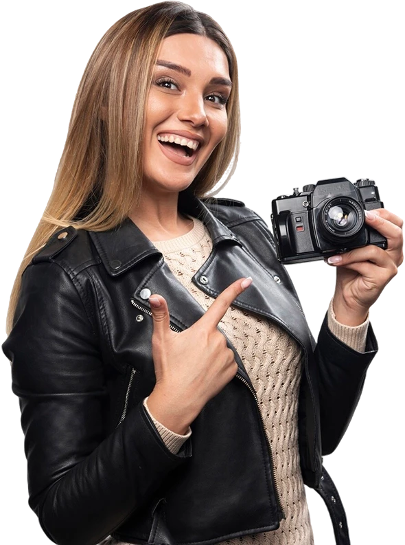 young lady black leather jacket taking photos with camera positive smiling manner 1